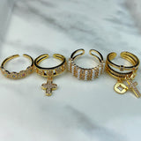 Stainless Steel Evil Eyes Imitation Pearl Cross Openings Ring RE0001