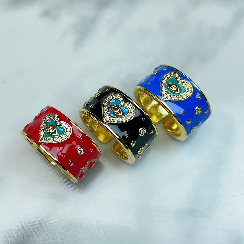 Stainless Steel Enamel  Evil Eyes Zircon Opennings Ring RE0004