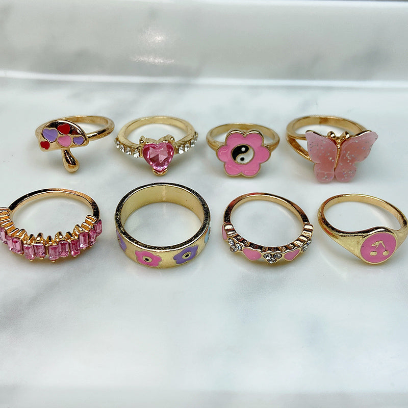 Stainless Steel Evil Eyes Pink Enamel  Zircon Series Ring  (a set  8pcs) RE0010