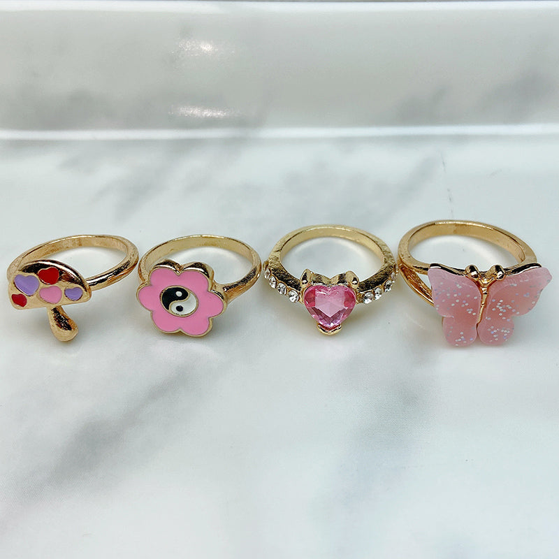 Stainless Steel Evil Eyes Pink Enamel  Zircon Series Ring  (a set  8pcs) RE0010