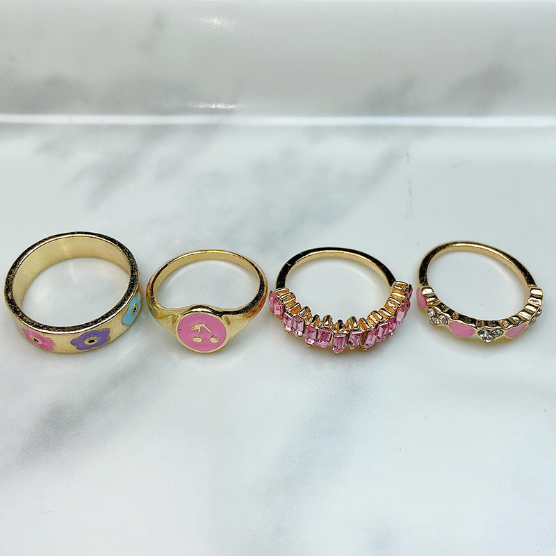 Stainless Steel Evil Eyes Pink Enamel  Zircon Series Ring  (a set  8pcs) RE0010