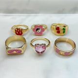 Stainless Steel Evil Eyes Enamel  Zircon Pink Red Series Ring  (a set  6 pcs) RE0013