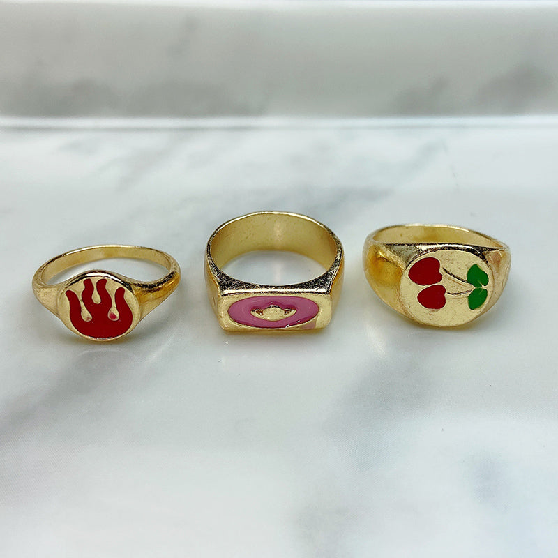 Stainless Steel Evil Eyes Enamel  Zircon Pink Red Series Ring  (a set  6 pcs) RE0013