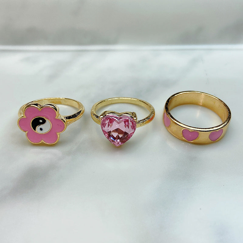 Stainless Steel Evil Eyes Enamel  Zircon Pink Red Series Ring  (a set  6 pcs) RE0013