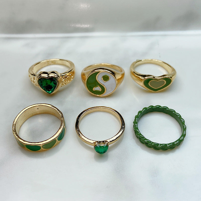 Stainless Steel Green Series Enamel  Zircon  Ring  (a set  6 pcs) RE0015