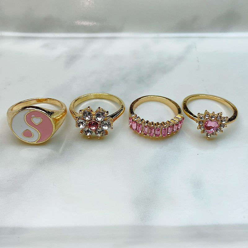 Stainless Steel Enamel  Zircon Pink Series Ring  (a set 8 pcs) RE0016