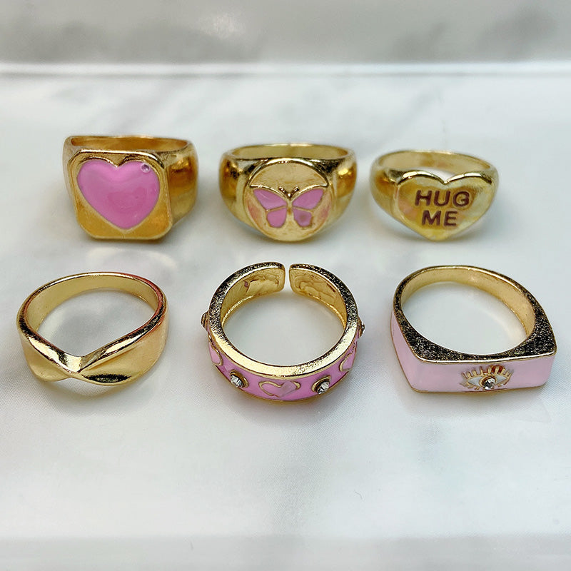 Stainless Steel  Enamel  Zircon Pink Series Ring (a set 9 pcs) RE0019