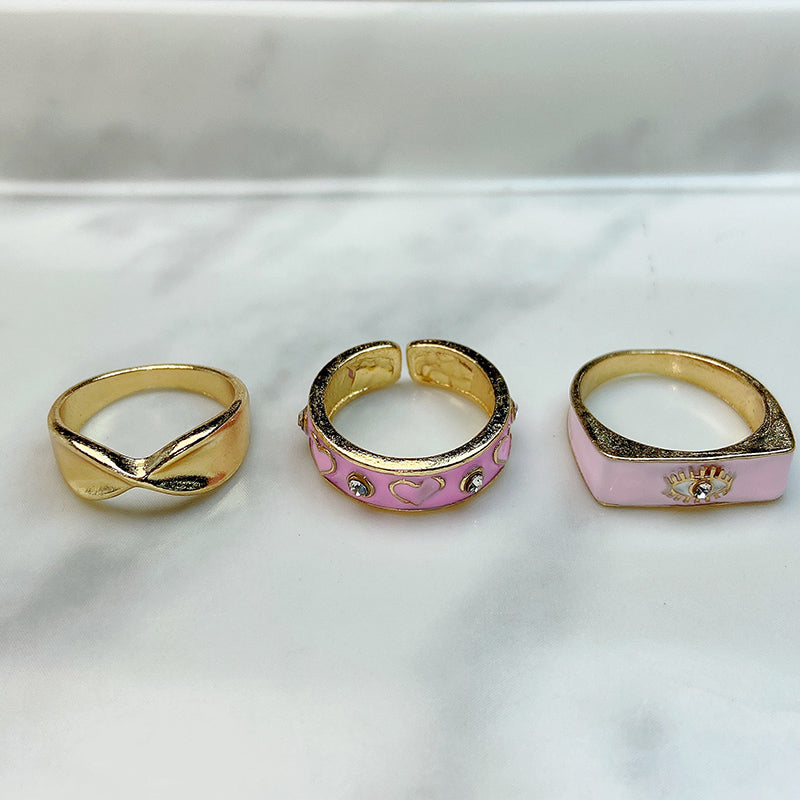 Stainless Steel  Enamel  Zircon Pink Series Ring (a set 9 pcs) RE0019