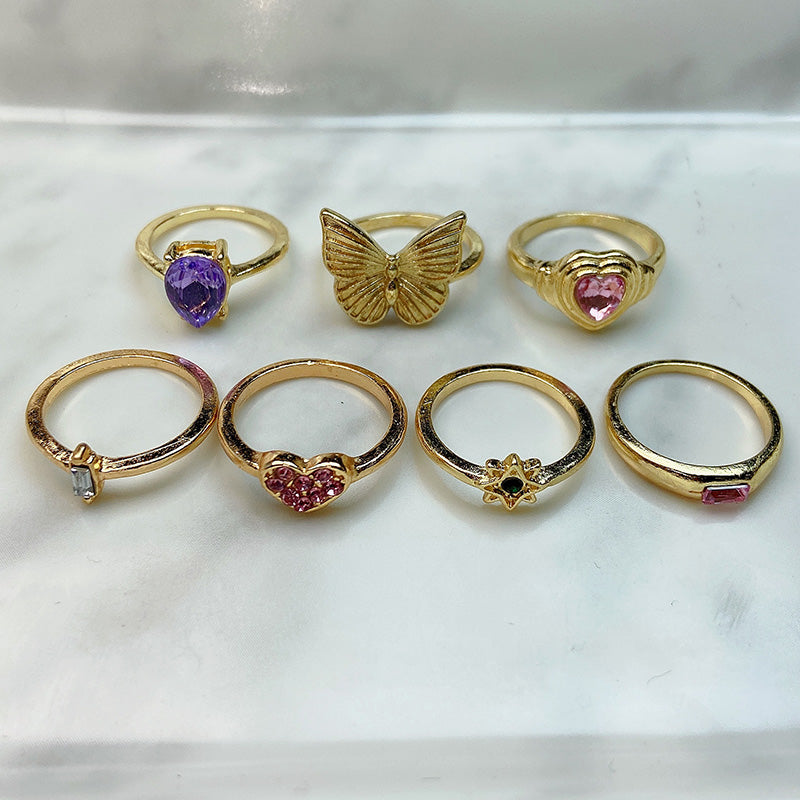 Stainless Steel  Zircon Golden Series Ring (a set 7 pcs) RE0025