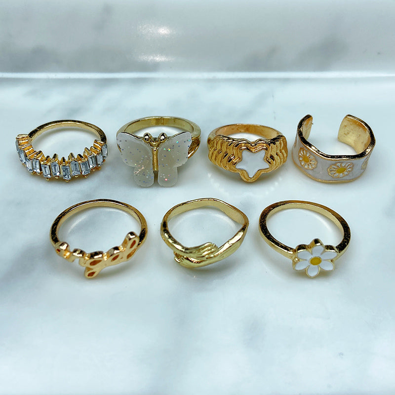 Stainless Steel Enamel  Zircon Golden Series  Ring  (a set 7 pcs) RE0039