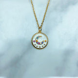 Stainless Steel Enamel Moon Zircon Pendant Necklace NC0067