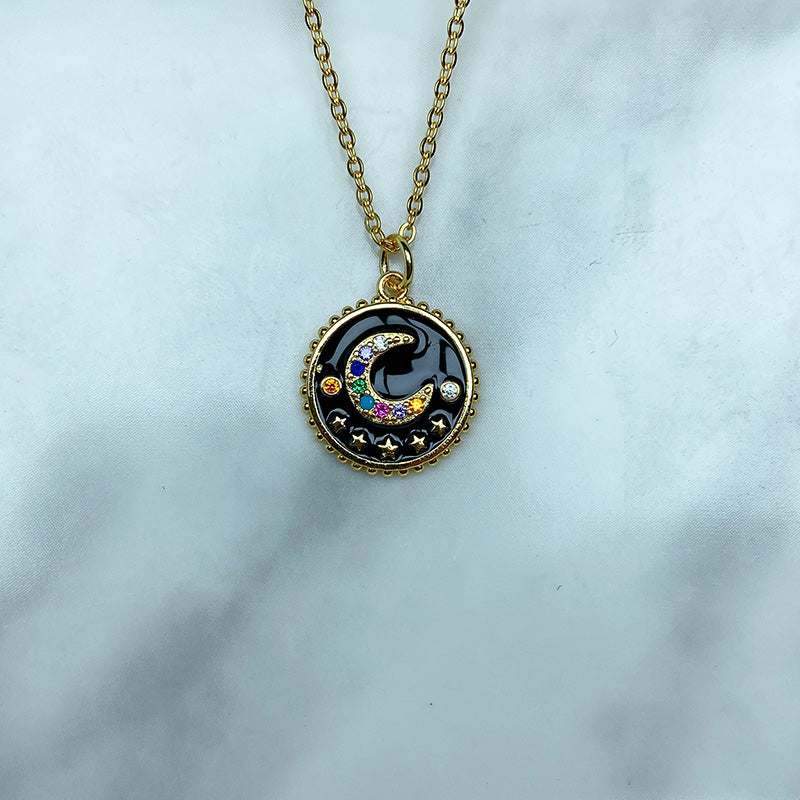 Stainless Steel Enamel Moon Zircon Pendant Necklace NC0067