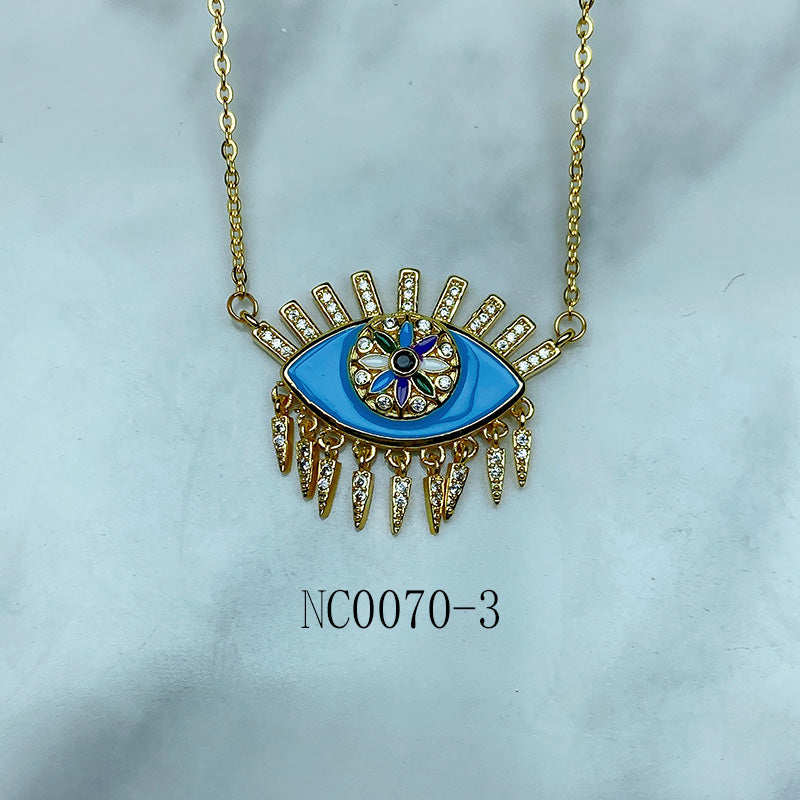 Stainless Steel Enamel Evil Eyes Zircon Pendant Necklace NC0070