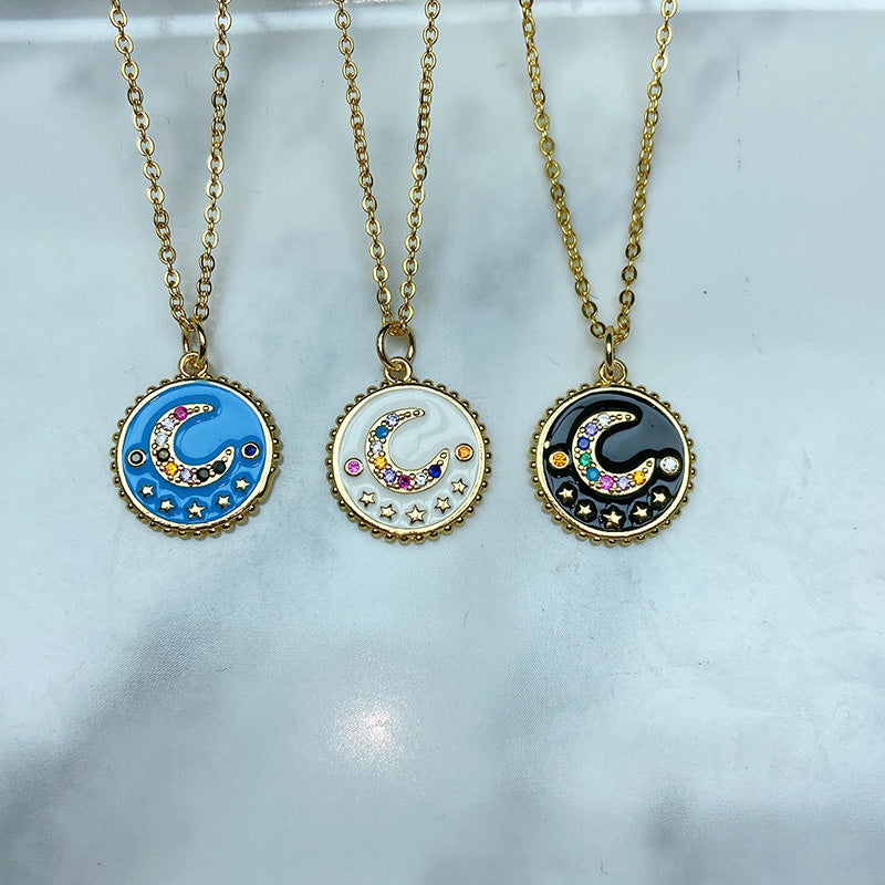 Stainless Steel Enamel Moon Zircon Pendant Necklace NC0067