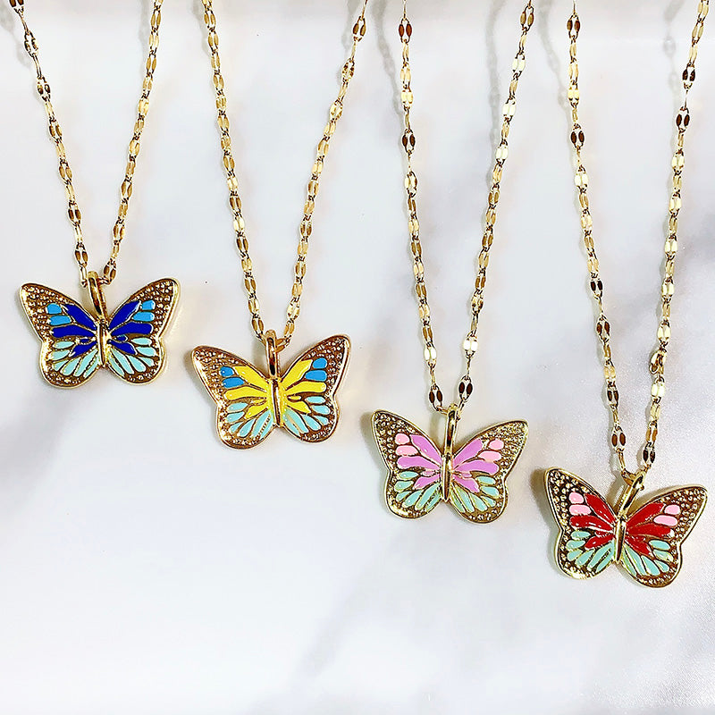 Stainless Steel Enamel Butterfly Pendant Necklace  NA0061