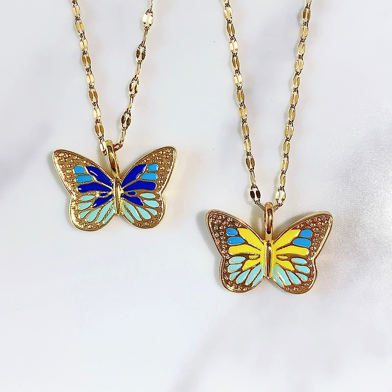 Stainless Steel Enamel Butterfly Pendant Necklace  NA0061