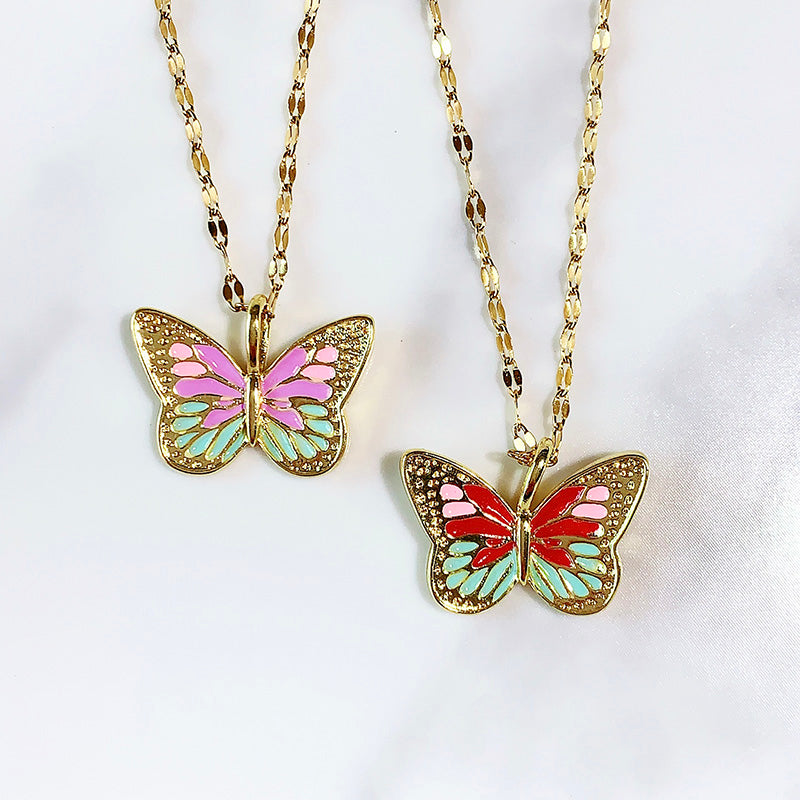 Stainless Steel Enamel Butterfly Pendant Necklace  NA0061