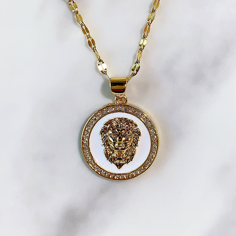 Stainless Steel  Enamel Lion Zircon Pendant Necklace  NA0073