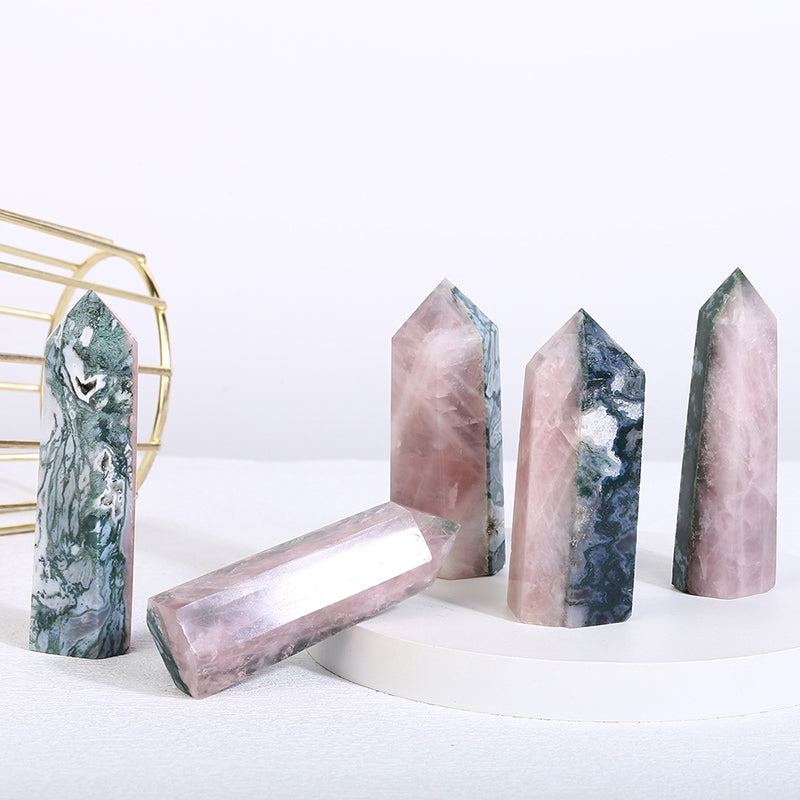 Beautiful Rose Quartz With Moss Agate Tower/Point