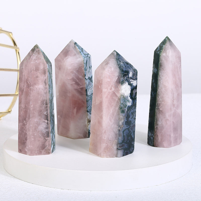 Beautiful Rose Quartz With Moss Agate Tower/Point