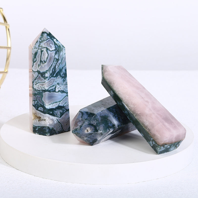 Beautiful Rose Quartz With Moss Agate Tower/Point