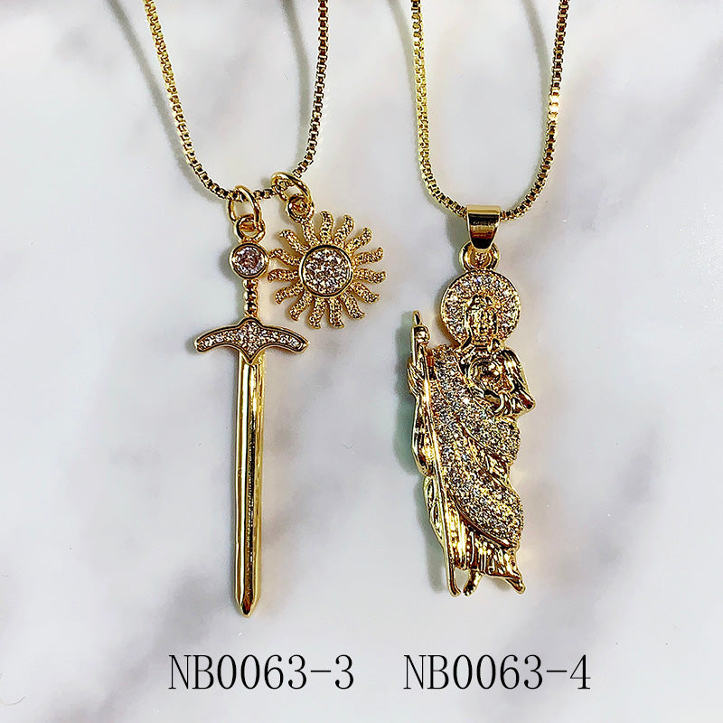 Stainless Steel Virgin Mary Sword Bbuddha Pendant  Zircon Necklace NB0063